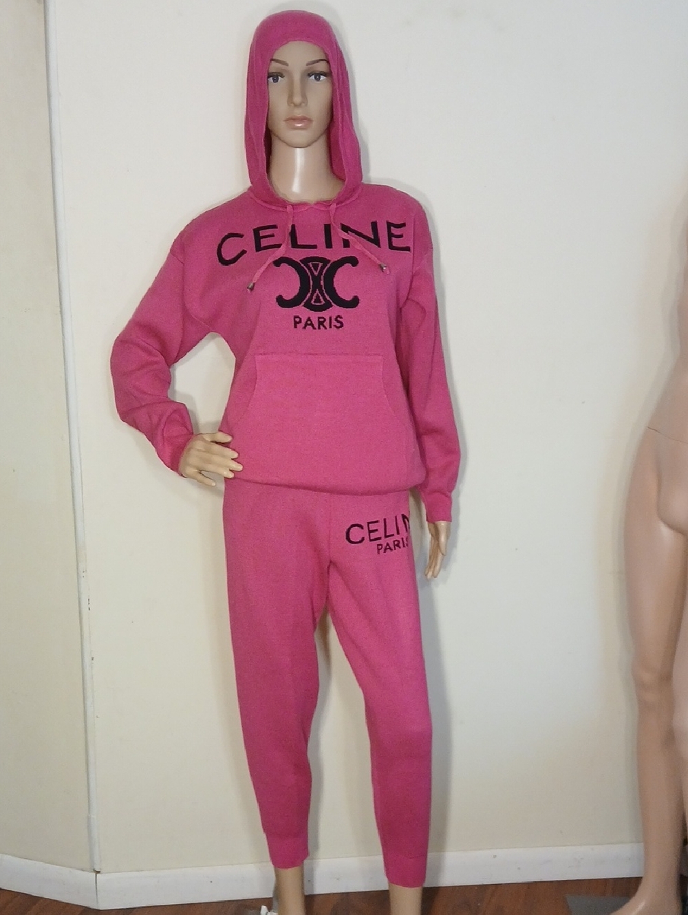 Celine Hot Pink Logo Hoodie and Sweatpants Set Small